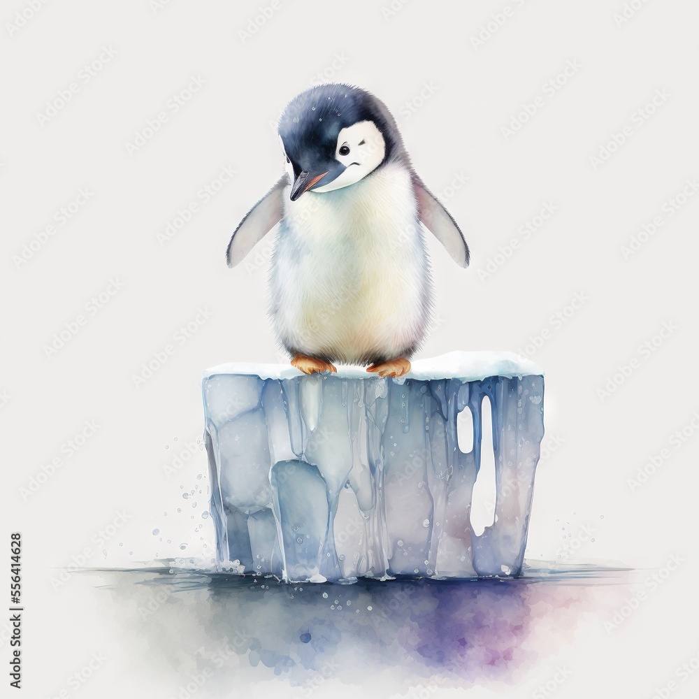 Poster a penguin sitting on top of an ice block with a penguin on top of it's head and a penguin on top of 