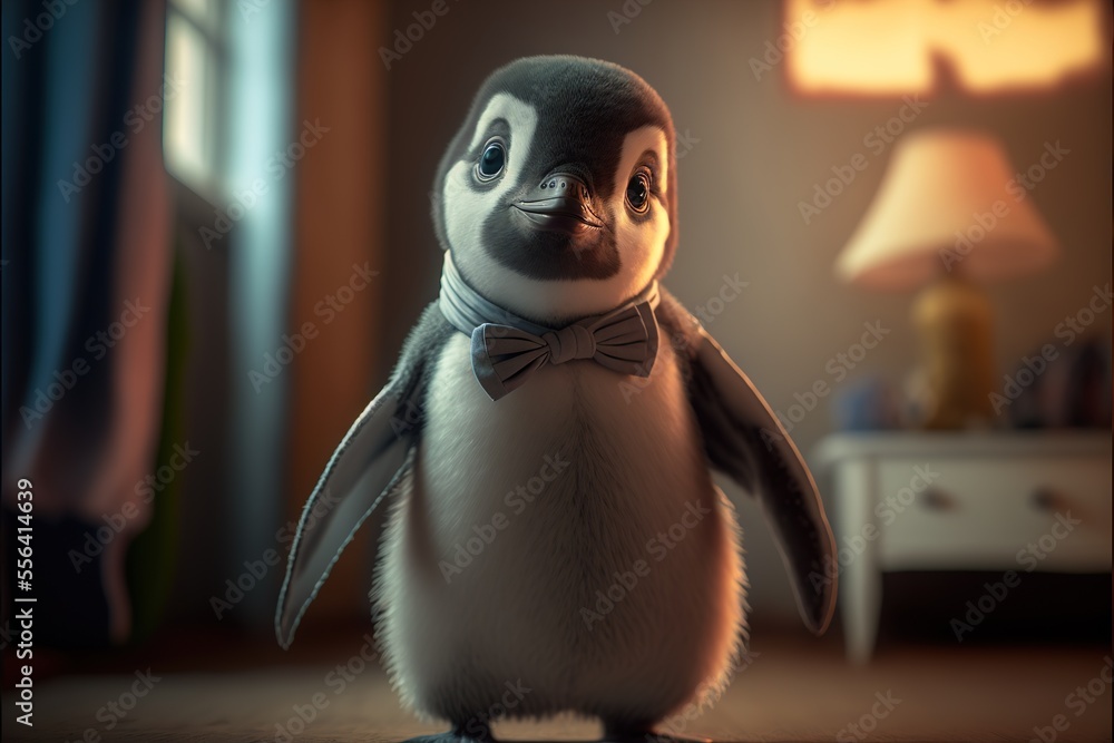Poster a penguin with a bow tie standing in a room with a lamp on the side of the room and a lamp on the si