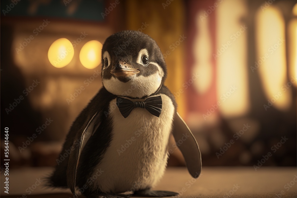 Poster a penguin with a bow tie on standing on the ground in front of a building with lights in the backgro