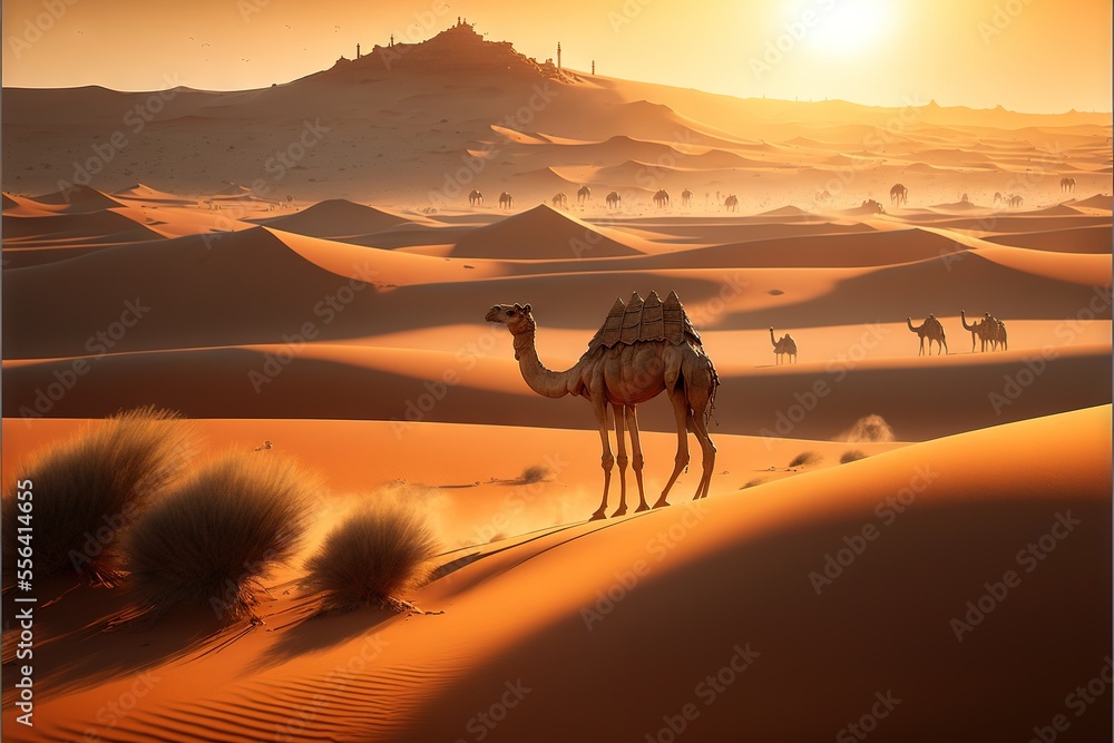 Poster a camel in the desert with a sunset in the background and a mountain in the distance with a few peop