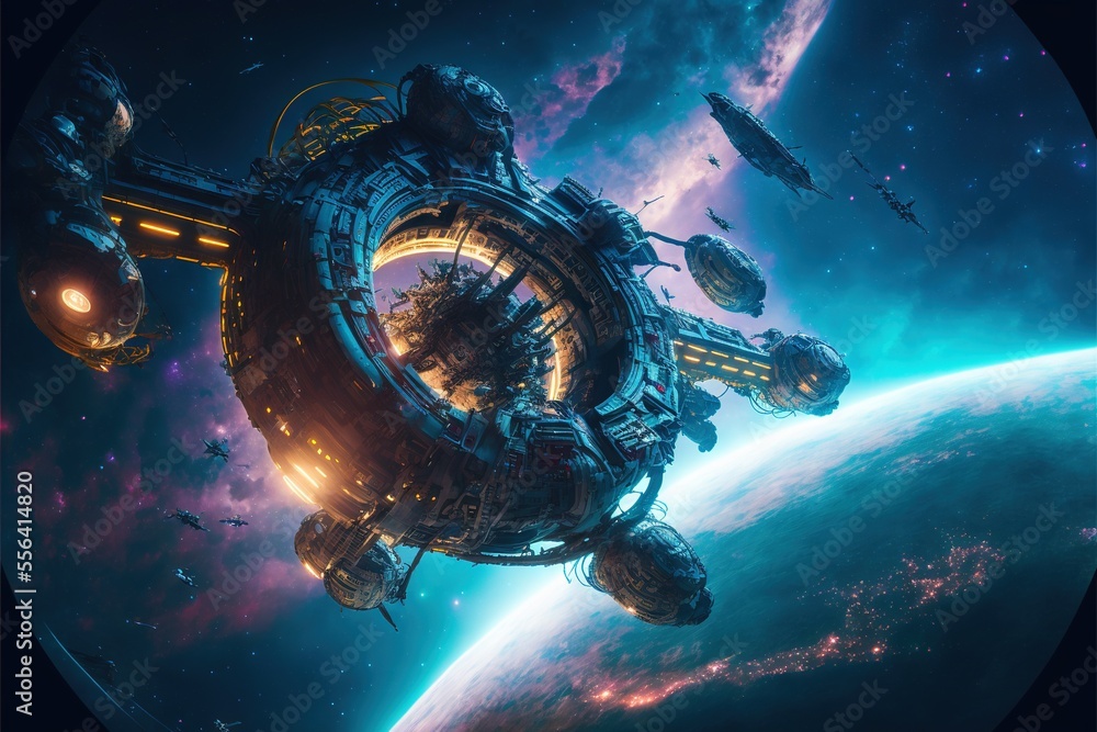 Poster a space station in the middle of a galaxy with a view of the earth and stars in the background. gene