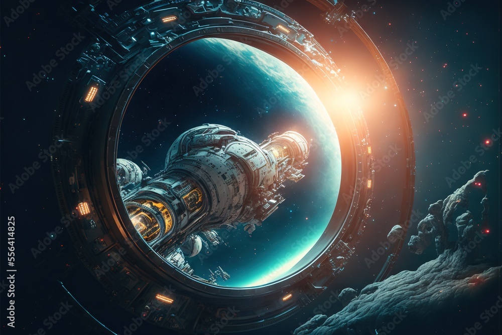 Poster a space station in the middle of a planet with a bright light coming from it's center window. genera