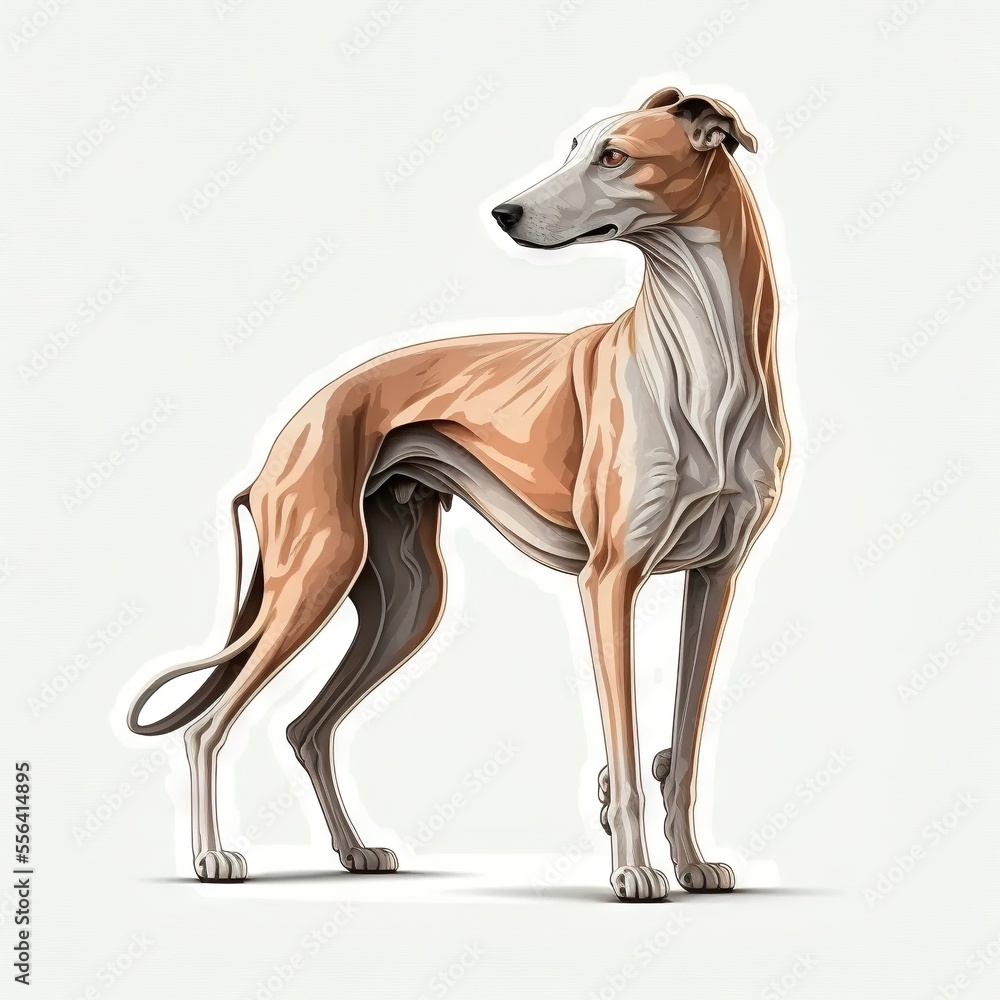 Poster a drawing of a dog standing on a white background with a shadow of its head on the ground and the ta
