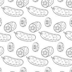 Vector cucumber pattern. Vegetable pattern. Detailed cucumbers drawing. Farm market product.