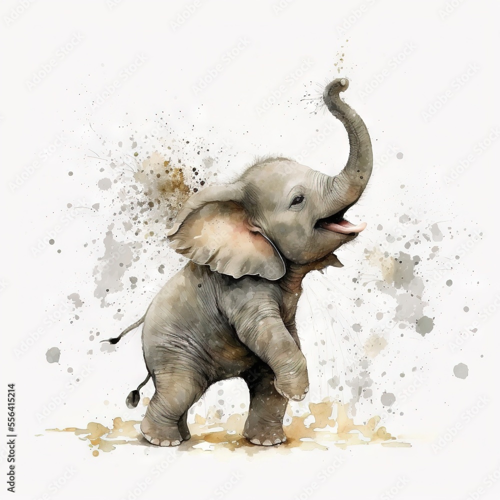 Poster a painting of an elephant with its trunk in the air and its trunk in the air. generative ai