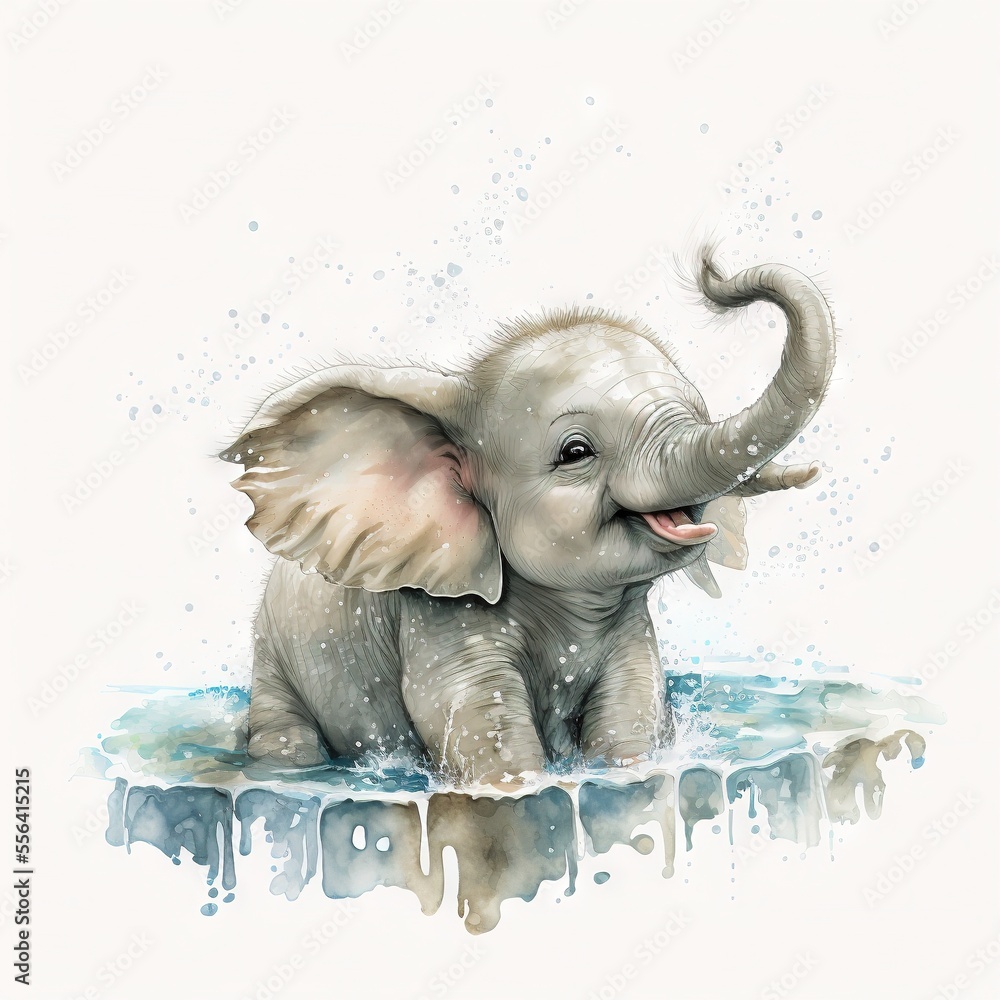 Poster a baby elephant is sitting on a puddle of water and smiling at the camera with its trunk in the air.