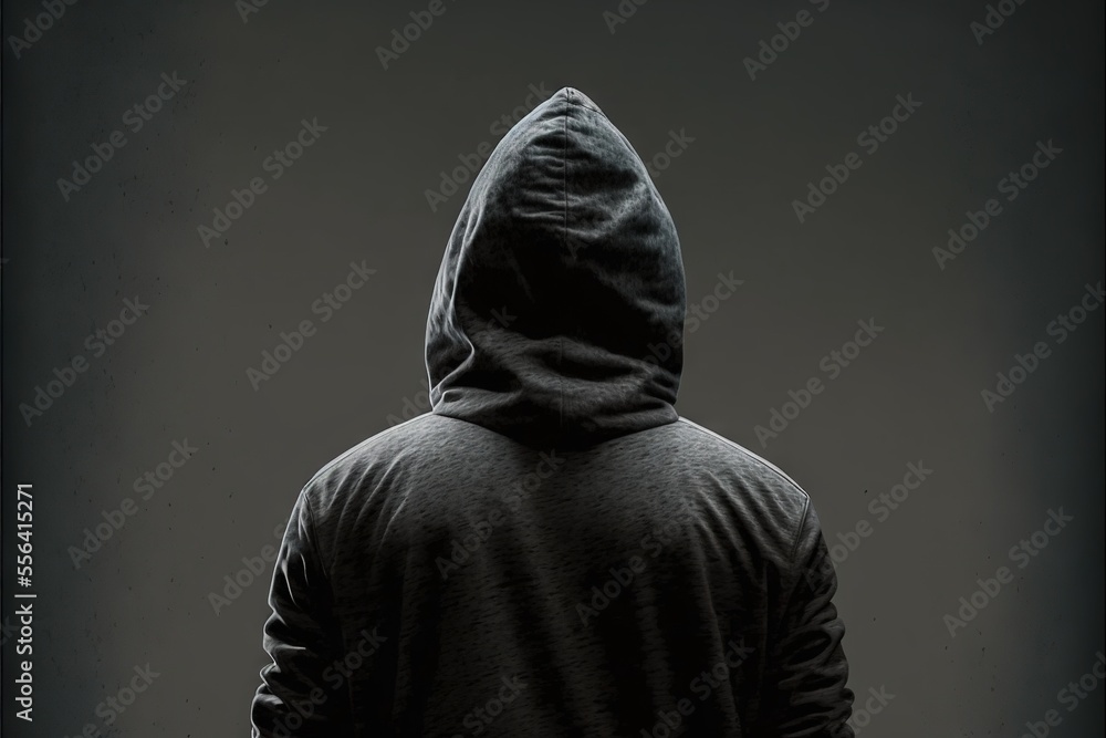 Poster a person in a hooded jacket looking down at something in the distance with a black background and a 
