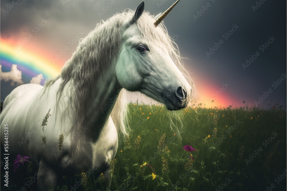 Poster a white unicorn standing in a field of flowers with a rainbow in the background and a dark sky with 