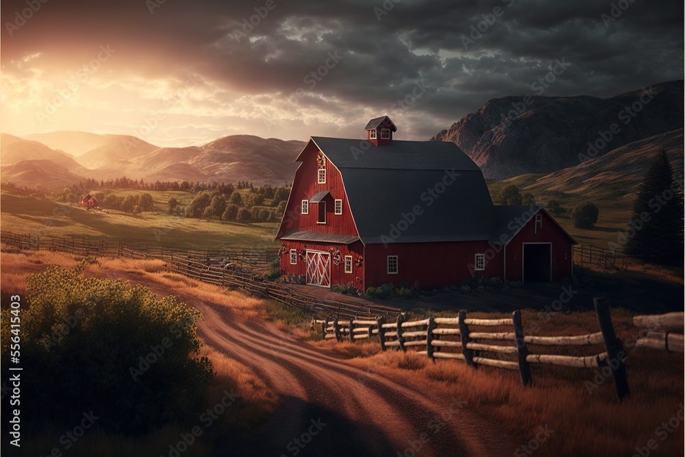 Poster a red barn in a field with a dirt road leading to it and a fence in front of it. generative ai