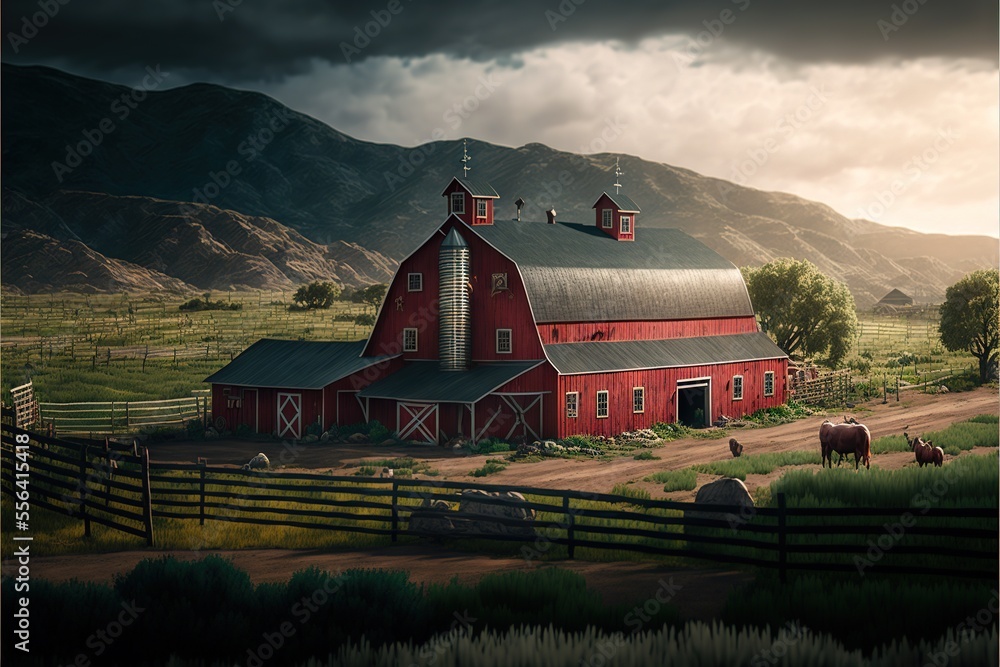 Poster a red barn with a horse grazing in the field next to it and a mountain in the background with dark c
