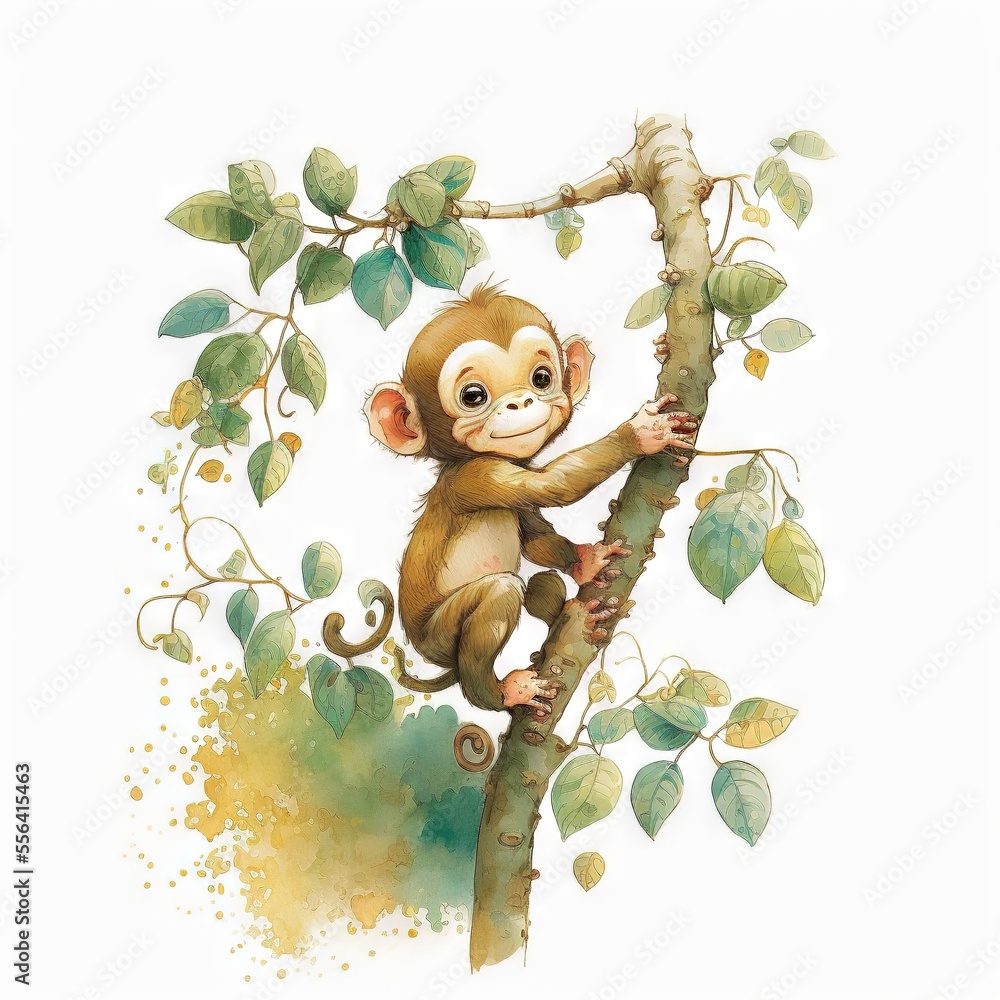 Poster a monkey is sitting on a tree branch with leaves around it and looking at the camera with a smile. g