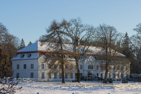 White manor house in Panker in beautiful winter landscape.