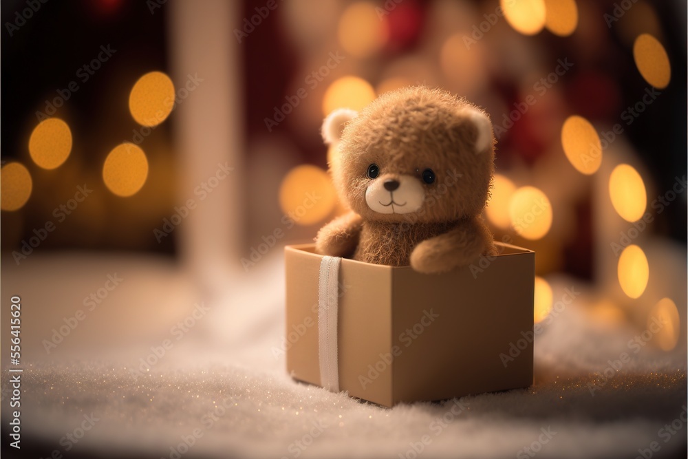 Poster a bear sitting in a box with a christmas tree in the background with lights in the background and a 