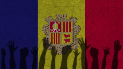 Protesters hands shadow on Andorra flag, political news banner, against the decision concept
