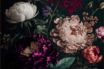 Baroque flowers in rich deep colors, peonies on dark background