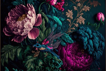 Baroque flowers in rich deep colors, peonies on dark background - obrazy, fototapety, plakaty