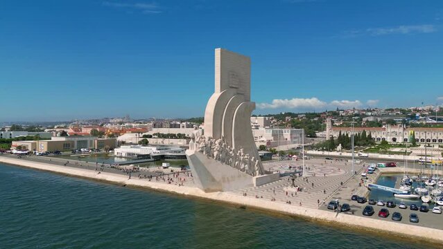 Padr&atilde;o dos Descobrimentos monument of the discoveries Lisbon Portugal 4k aerial video