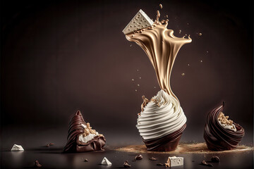 Schokolade Praline Surrealer Schokoladentraum Schokoladen Splash Extreme Schokoladenfotos Generative AI Digital Art Illusion Traumhafte Schokoladenvariation Hintergrund Cover Backdrop