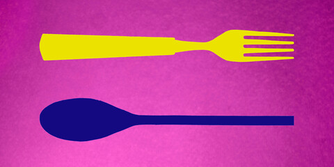 Topview of Set of Fork and Spoon Silhouette on Violet Background