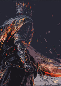 Samurai Warrior Illustration Creative Poster Image, Warrior Fight Illustration Creative Poster Image, Warrior holding a luminous sword, Knight with shield and sword. Warrior