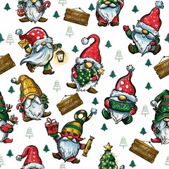 Set Of Christmas Gnomes color With Cute Santa's hat. Cute Cartoon Illustration. Pattern for textile, paper