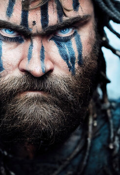 Close-up of fictional angry male viking warrior with war paint (Generative AI)