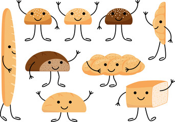 Bread character with face, cute eating group. Tasty kawaii bakery pastries, cartoon breads set. Happy bun for burger, loaf, bread brick, croissant, toast bread, french baguette, challah. Vector