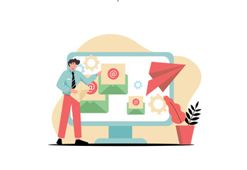 Concept Email service with people scene in the flat cartoon style. Man corrects the sending of e-mails to recipients. Vector illustration.