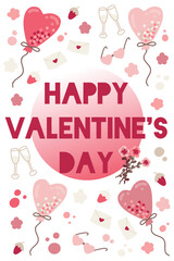 Valentines day card with cute elements, banner, font 
 on a gradient background, hand drawn design