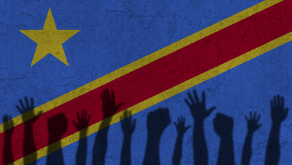 Protesters hands shadow on Congo Democratic Republic flag, political news banner, against the decision concept