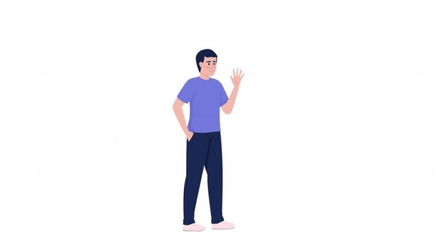 Animated man greet in chinese. Male character wave hand. Full body flat person on white background with alpha channel transparency. Colorful cartoon style HD video footage for animation