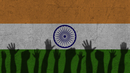 Fototapeta na wymiar Protesters hands shadow on India flag, political news banner, against the decision concept