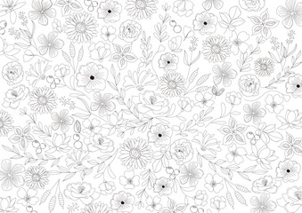 花　シンプルライン、線画、ナチュラル　美しい線画のボタニカル背景素材　Vector　Simple Line , Line Art 　Botanical , Flower , Black , Texture , Simple , Beautiful , Natural