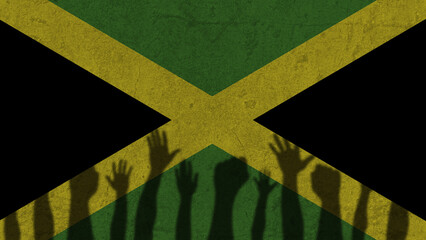 Protesters hands shadow on Jamaica flag, political news banner, against the decision concept