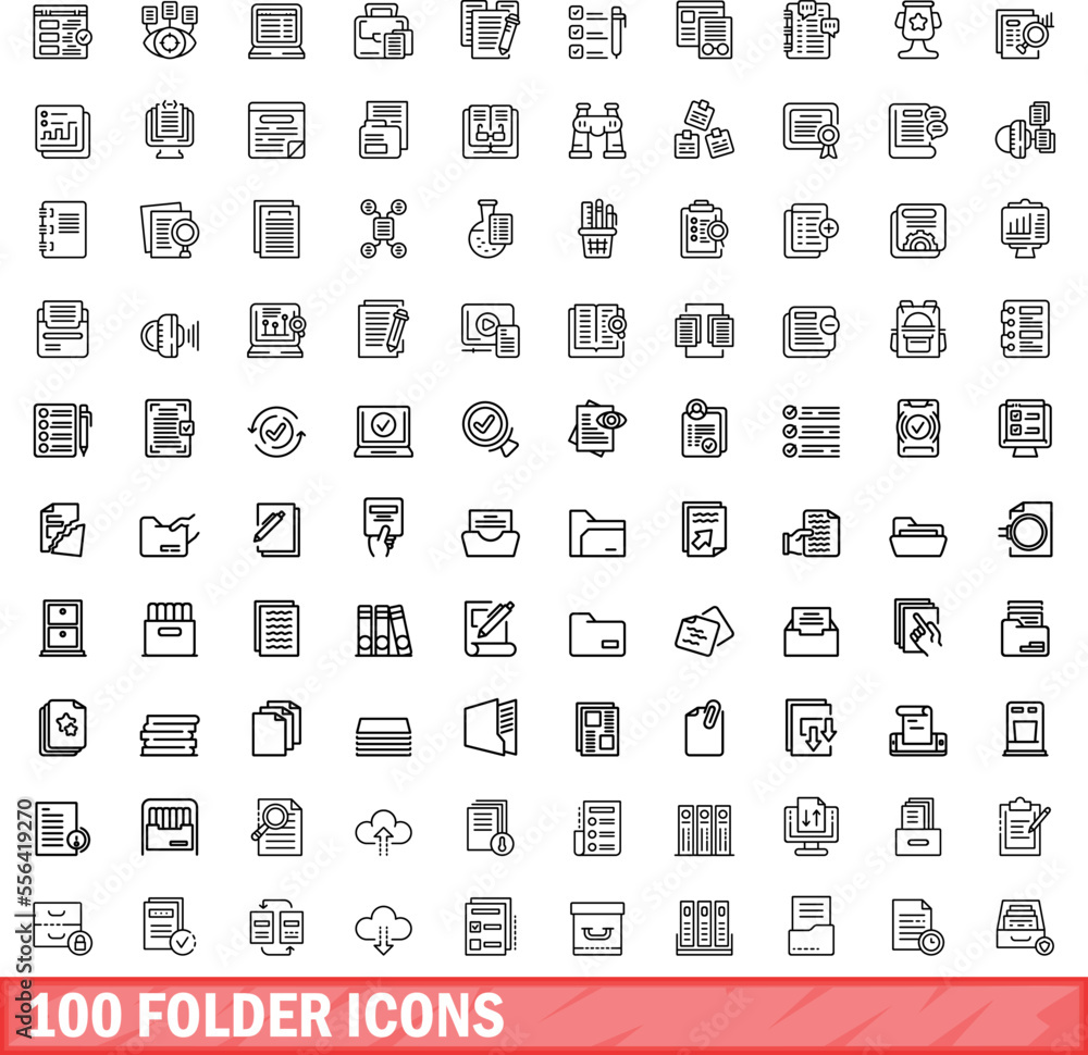Poster 100 folder icons set. outline illustration of 100 folder icons vector set isolated on white backgrou
