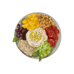 Watercolor food illustration of vegan dish with peas, tomatoes cherry, chickpeas, beans, hummus