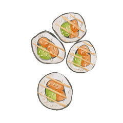 Watercolor food illustration of vegan sushi with avocado