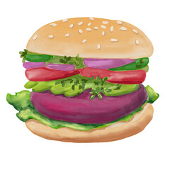 Watercolor food illustration of vegan vegetable burger