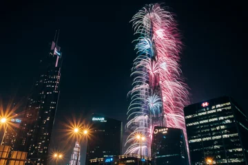 Foto auf Acrylglas Antireflex Burj Khalifa Dubai, UAE - spectacular new year's eve fireworks at the Burj Khalifa, the world's tallest building. Festive NYE light show. Horizontal background, copy space. Night cityscape. Happy New Year.