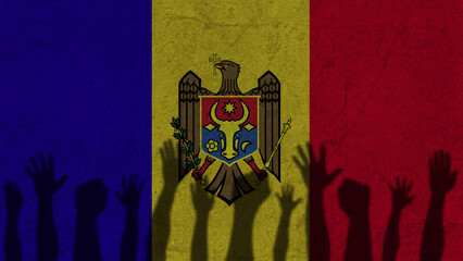 Protesters hands shadow on Moldova flag, political news banner, against the decision concept