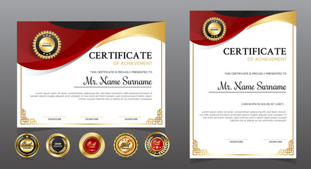 Certificate of appreciation template, gold and red color. Clean modern certificate with gold badge. Certificate border template with luxury and modern line pattern. Diploma vector template