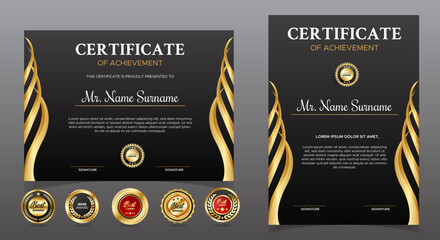 Certificate of appreciation template, gold and black color. Clean modern certificate with gold badge. Certificate border template with luxury and modern line pattern. Diploma vector template