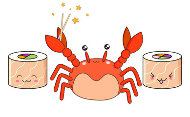 Funny crab and sushi with salmon