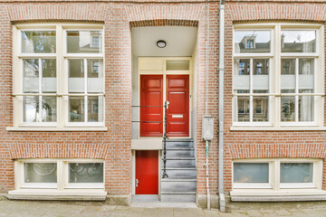 a red door in front of a brick building with two windows and an open fire hydrae on the side