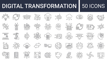 Set of 50 digital transformation simple icons. Collection of line icons as digital services, internet, cloud computing, technology. Editable stroke.  Vector illustration