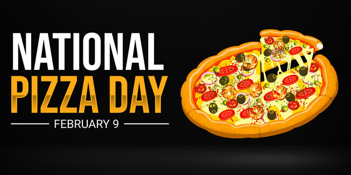 National Pizza Day background with pizza and slices hovering in the air. Pizza day backdrop typography wallpaper