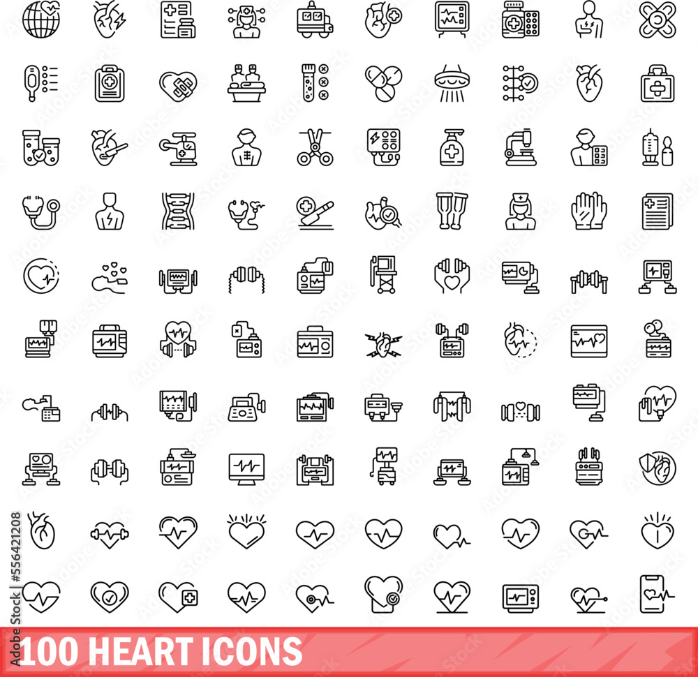 Poster 100 heart icons set. outline illustration of 100 heart icons vector set isolated on white background