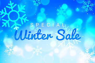 Obraz na płótnie Canvas Special Winter Sale banner design with snowflakes and typography. Modern snowy backdrop with sale design