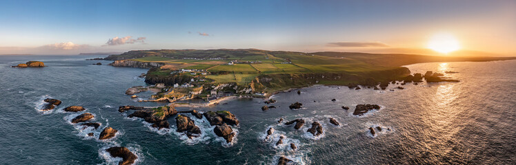 Aerial view of Ballintoy Harbour near Giants Causeway, County. Antrim, Northern Ireland, UK