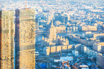 View of the city from the observation deck Panorama 360 to the Hotel Ukraine and the Ministry of Foreign Affairs, Moscow City Federation Tower, Moscow